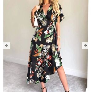 AX PARIS Black Printed Floral Frill Hem Dress Size 8